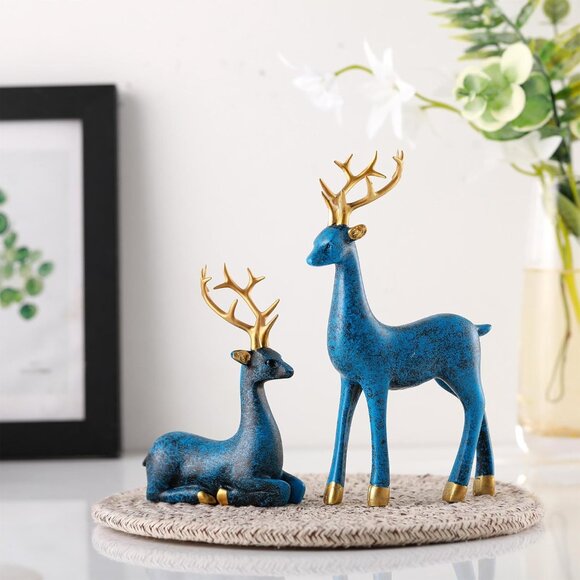 4 Pcs Blue, Gold Standing Sitting Deer Christmas Figurine Statue for Home Indoor - Picture 2 of 7